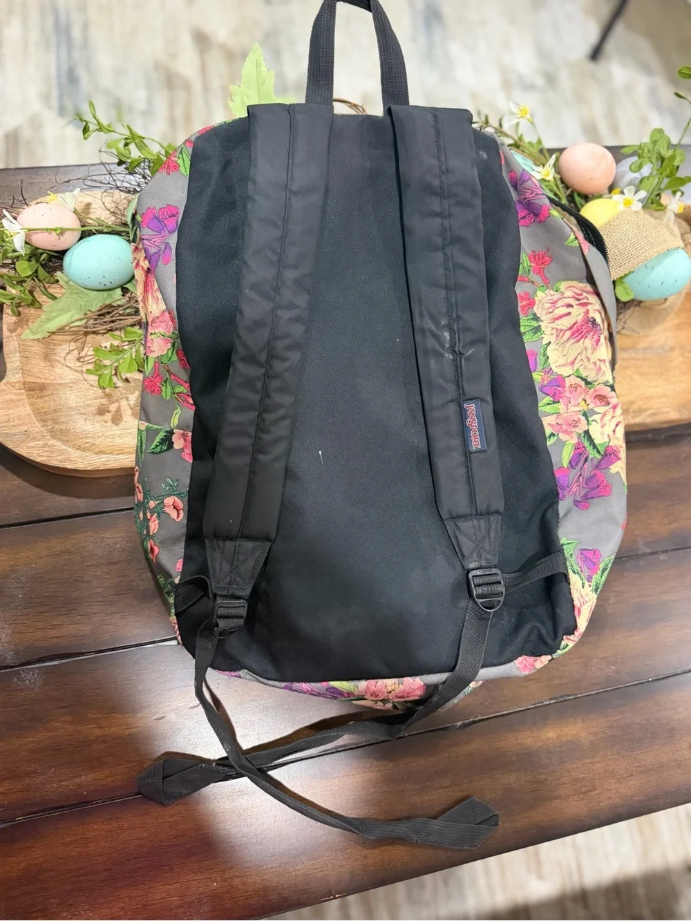 Jansport Floral Backpack in Gray with Pink & Cream Flowers